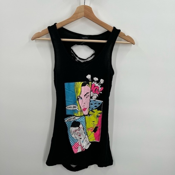 Rue 21 Cartoon Distressed Black Sleeveless Shirt Small - Picture 1 of 5